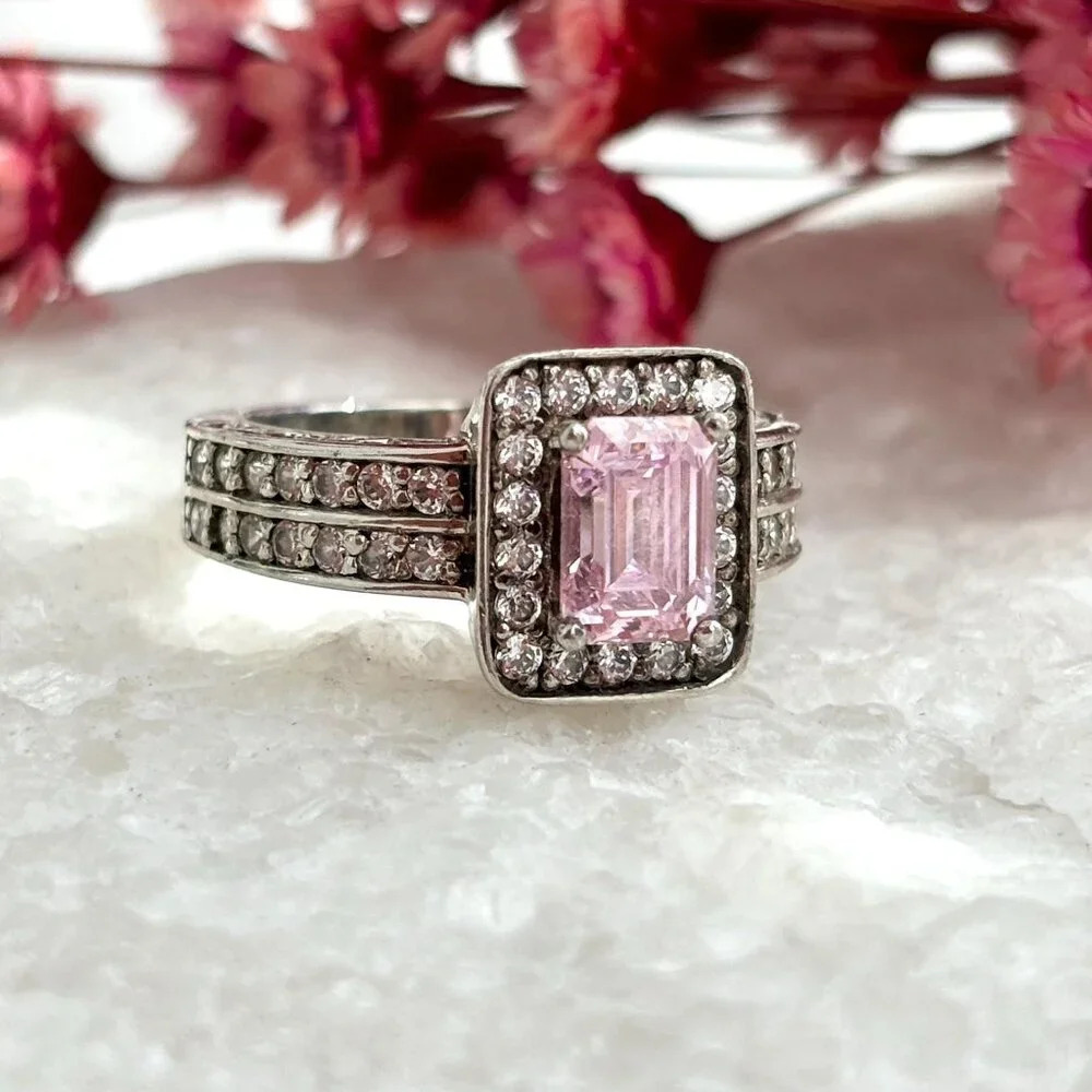 Pink Spinel Emerald Cut CZ Lined Double Shank Vintage Sterling Silver Ring  sz 5 - Picture 2 of 10